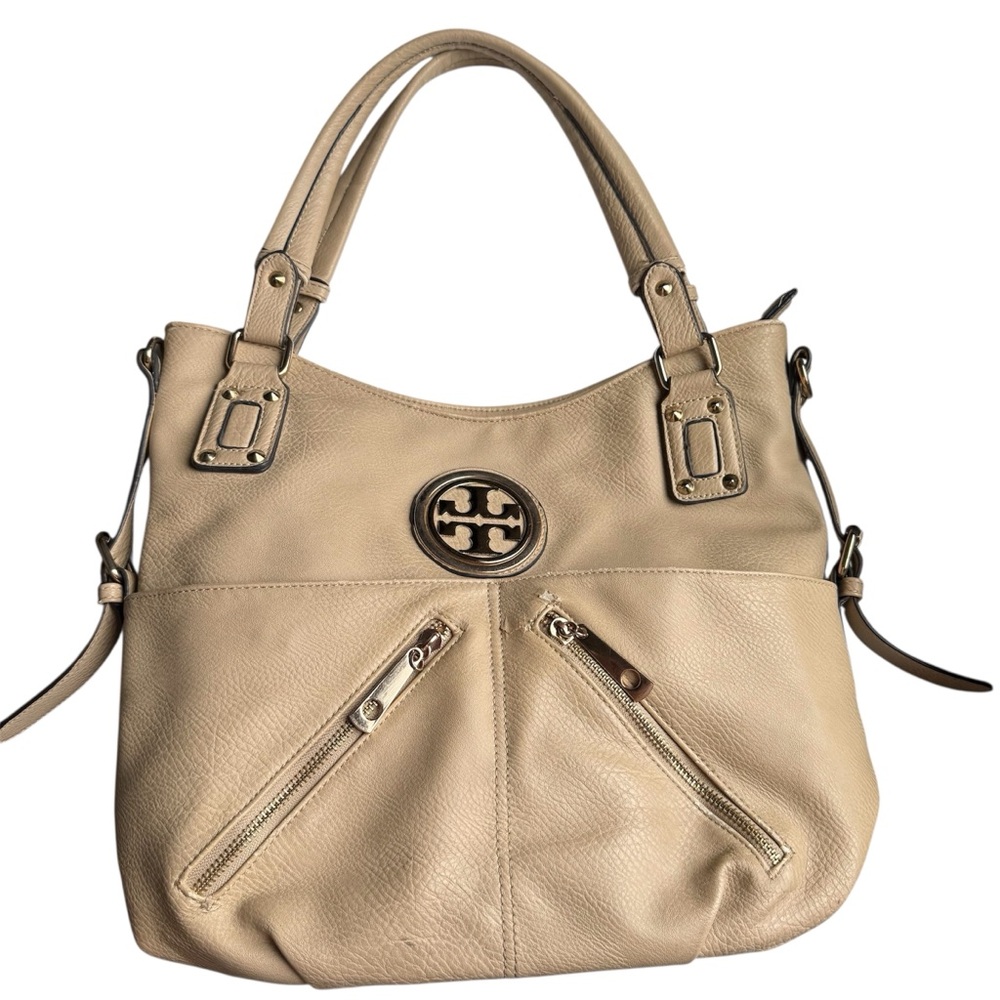 Vintage Tan Vinyl Shoulder Bag with Slouchy Silhouette and Gold Hardware